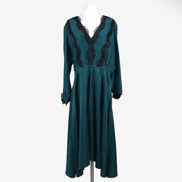 JASON WU Floral Lace Trim Long Sleeve Silk Dress In Green Women's Size 10 - Picture 3 of 4